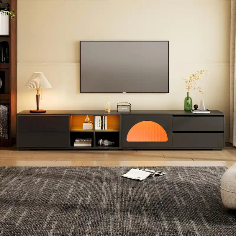 Meuble TV moderne avec porte en verre cannelé pour téléviseurs jusqu'à 100 pouces, console multimédia avec porte coulissante et 2 tiroirs