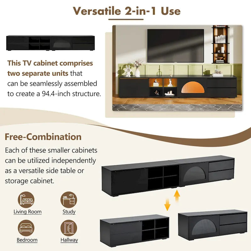 Meuble TV moderne avec porte en verre cannelé pour téléviseurs jusqu'à 100 pouces, console multimédia avec porte coulissante et 2 tiroirs