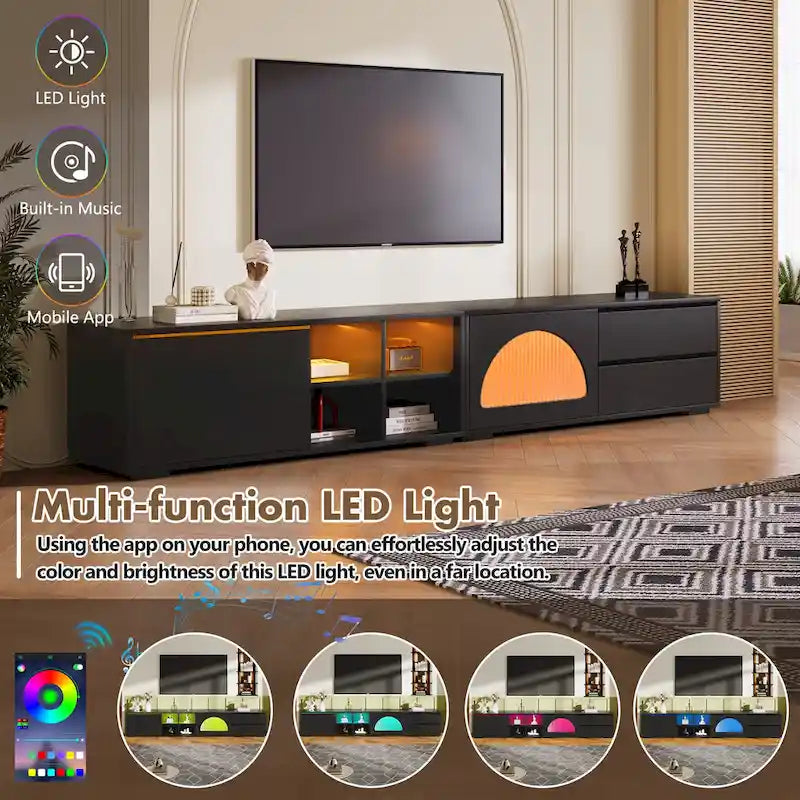 Meuble TV moderne avec porte en verre cannelé pour téléviseurs jusqu'à 100 pouces, console multimédia avec porte coulissante et 2 tiroirs