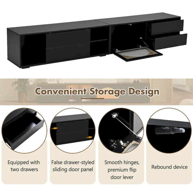 Meuble TV moderne avec porte en verre cannelé pour téléviseurs jusqu'à 100 pouces, console multimédia avec porte coulissante et 2 tiroirs