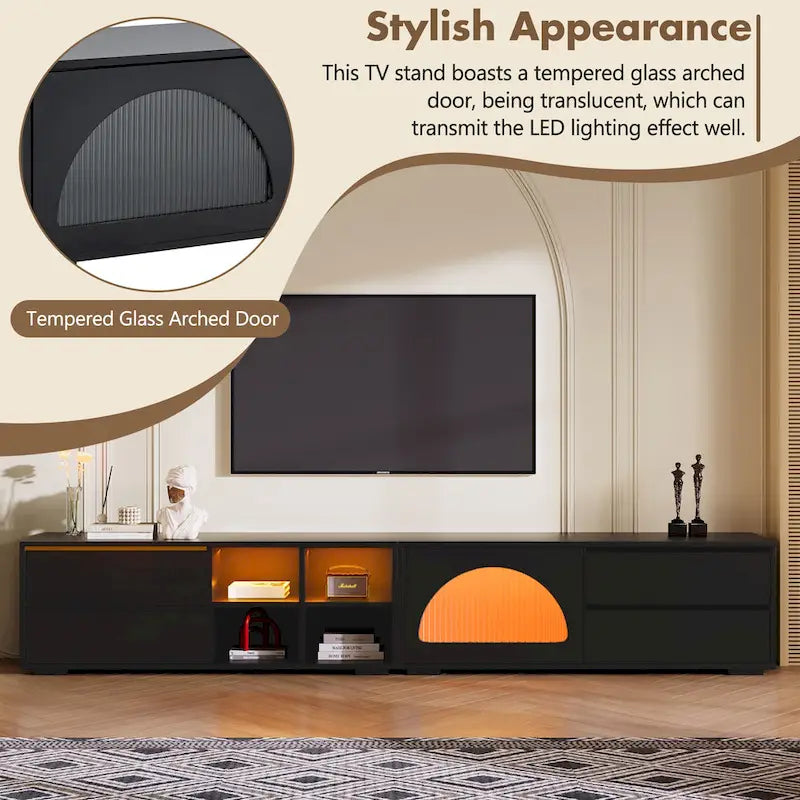 Meuble TV moderne avec porte en verre cannelé pour téléviseurs jusqu'à 100 pouces, console multimédia avec porte coulissante et 2 tiroirs