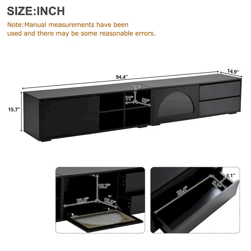 Meuble TV moderne avec porte en verre cannelé pour téléviseurs jusqu'à 100 pouces, console multimédia avec porte coulissante et 2 tiroirs