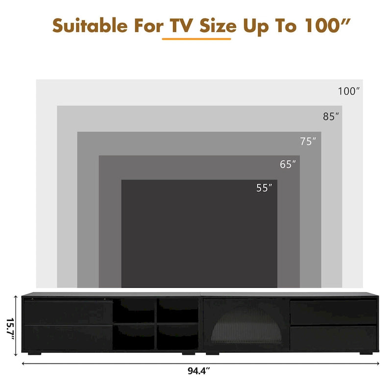 Meuble TV moderne avec porte en verre cannelé pour téléviseurs jusqu'à 100 pouces, console multimédia avec porte coulissante et 2 tiroirs