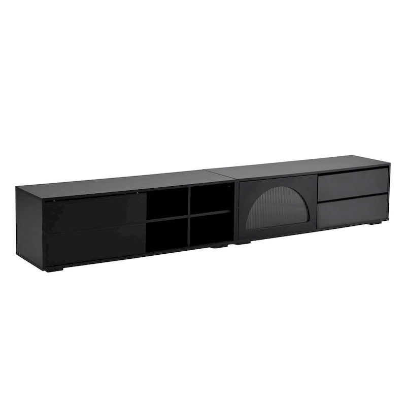Meuble TV moderne avec porte en verre cannelé pour téléviseurs jusqu'à 100 pouces, console multimédia avec porte coulissante et 2 tiroirs