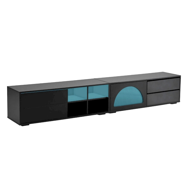 Meuble TV moderne avec porte en verre cannelé pour téléviseurs jusqu'à 100 pouces, console multimédia avec porte coulissante et 2 tiroirs