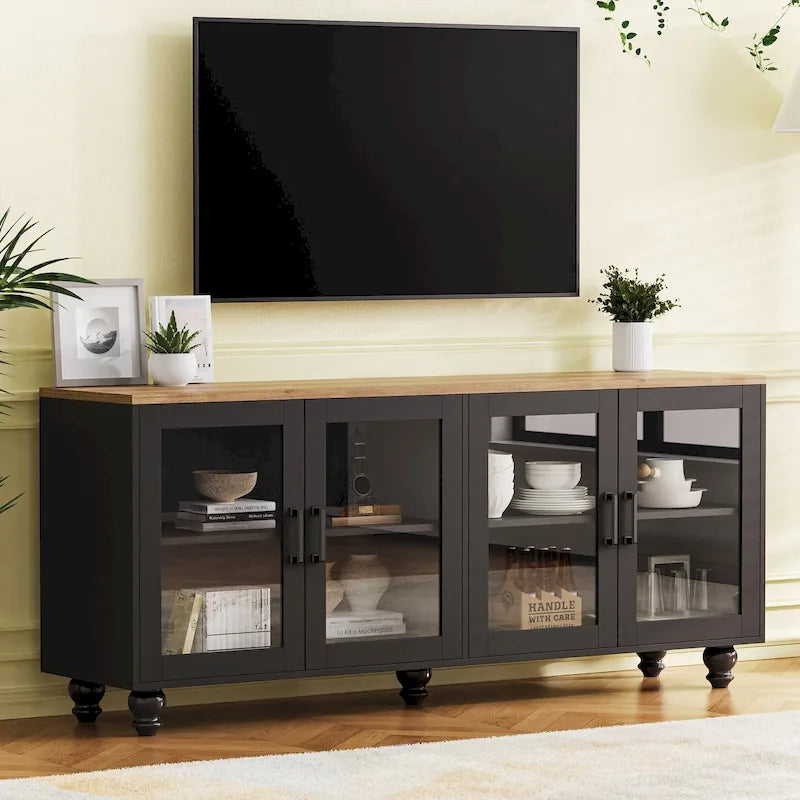 Meuble TV pour téléviseurs jusqu'à 70 pouces, buffet polyvalent, étagères réglables, portes en verre trempé, buffet avec 5 pieds en forme de calebasse