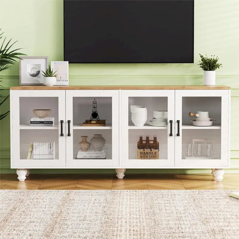 Meuble TV pour téléviseurs jusqu'à 70 pouces, buffet polyvalent, étagères réglables, portes en verre trempé, buffet avec 5 pieds en forme de calebasse