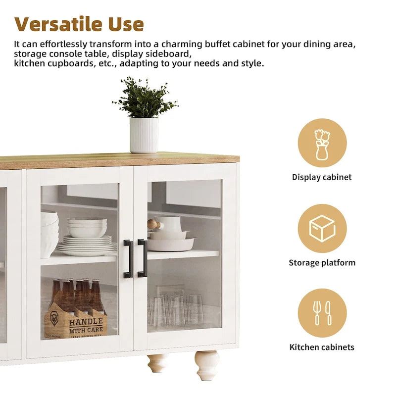 Meuble TV pour téléviseurs jusqu'à 70 pouces, buffet polyvalent, étagères réglables, portes en verre trempé, buffet avec 5 pieds en forme de calebasse