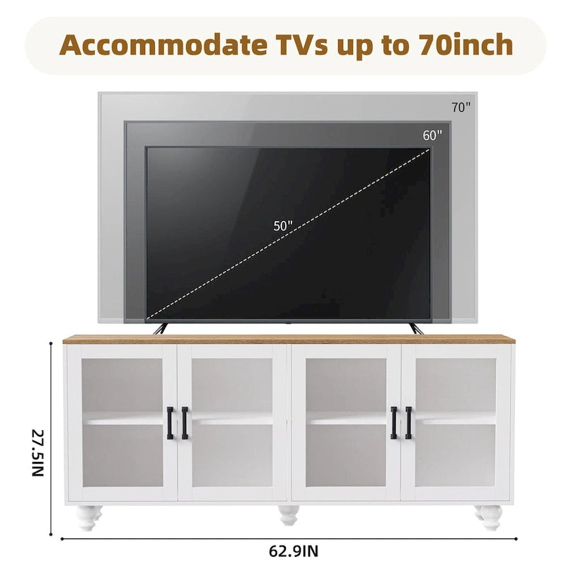Meuble TV pour téléviseurs jusqu'à 70 pouces, buffet polyvalent, étagères réglables, portes en verre trempé, buffet avec 5 pieds en forme de calebasse