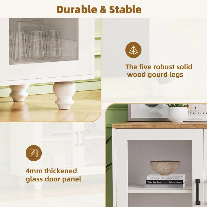Meuble TV pour téléviseurs jusqu'à 70 pouces, buffet polyvalent, étagères réglables, portes en verre trempé, buffet avec 5 pieds en forme de calebasse