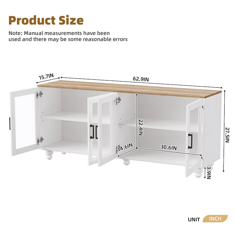 Meuble TV pour téléviseurs jusqu'à 70 pouces, buffet polyvalent, étagères réglables, portes en verre trempé, buffet avec 5 pieds en forme de calebasse
