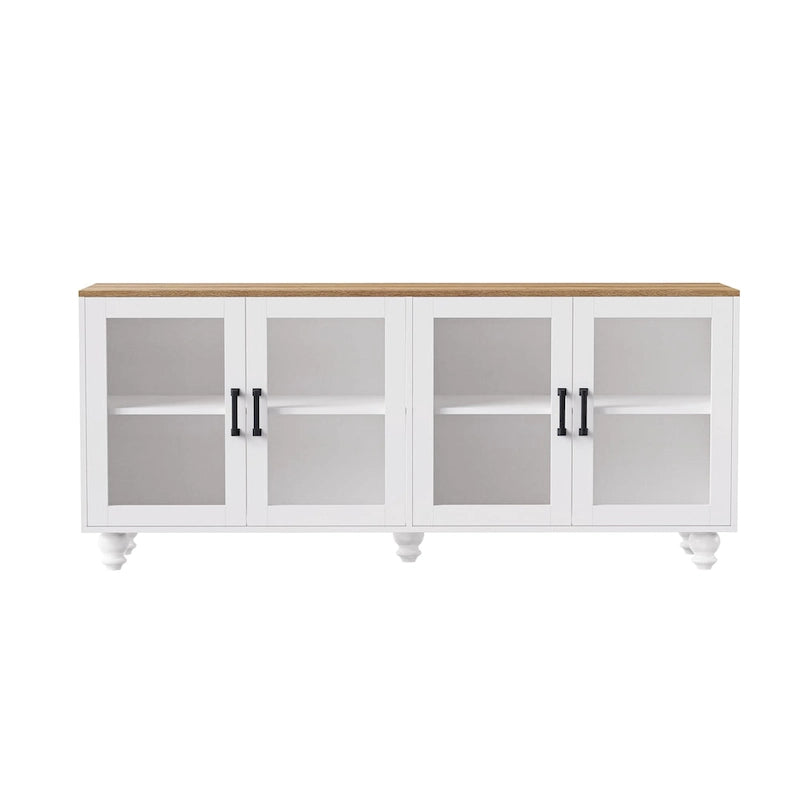 Meuble TV pour téléviseurs jusqu'à 70 pouces, buffet polyvalent, étagères réglables, portes en verre trempé, buffet avec 5 pieds en forme de calebasse