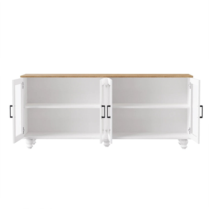 Meuble TV pour téléviseurs jusqu'à 70 pouces, buffet polyvalent, étagères réglables, portes en verre trempé, buffet avec 5 pieds en forme de calebasse