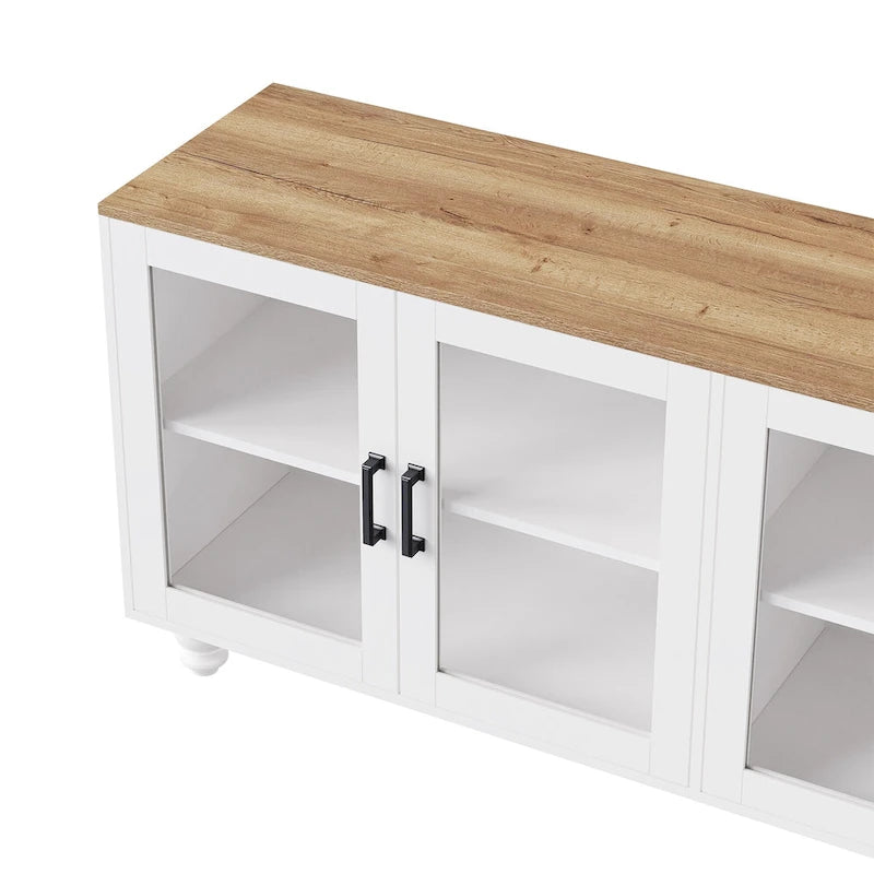 Meuble TV pour téléviseurs jusqu'à 70 pouces, buffet polyvalent, étagères réglables, portes en verre trempé, buffet avec 5 pieds en forme de calebasse
