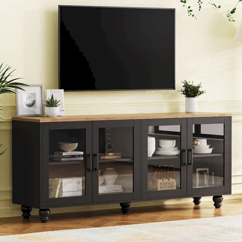 Meuble TV pour téléviseurs jusqu'à 70 pouces, buffet polyvalent, étagères réglables, portes en verre trempé, buffet avec 5 pieds en forme de calebasse