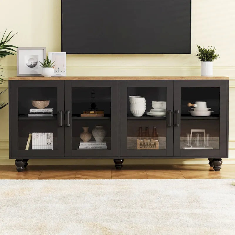 Meuble TV pour téléviseurs jusqu'à 70 pouces, buffet polyvalent, étagères réglables, portes en verre trempé, buffet avec 5 pieds en forme de calebasse