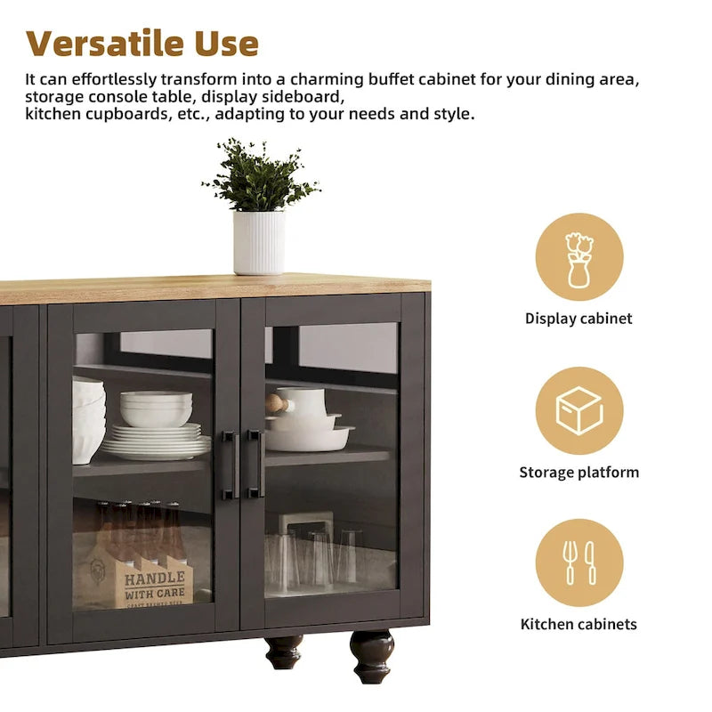 Meuble TV pour téléviseurs jusqu'à 70 pouces, buffet polyvalent, étagères réglables, portes en verre trempé, buffet avec 5 pieds en forme de calebasse