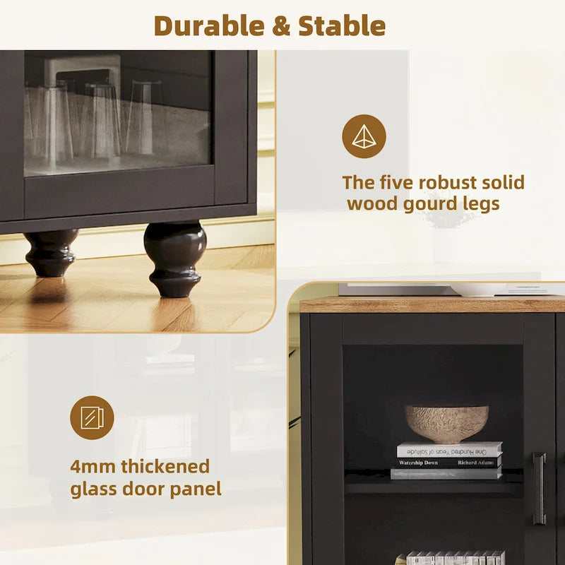 Meuble TV pour téléviseurs jusqu'à 70 pouces, buffet polyvalent, étagères réglables, portes en verre trempé, buffet avec 5 pieds en forme de calebasse