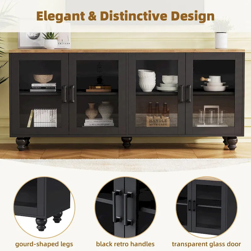 Meuble TV pour téléviseurs jusqu'à 70 pouces, buffet polyvalent, étagères réglables, portes en verre trempé, buffet avec 5 pieds en forme de calebasse