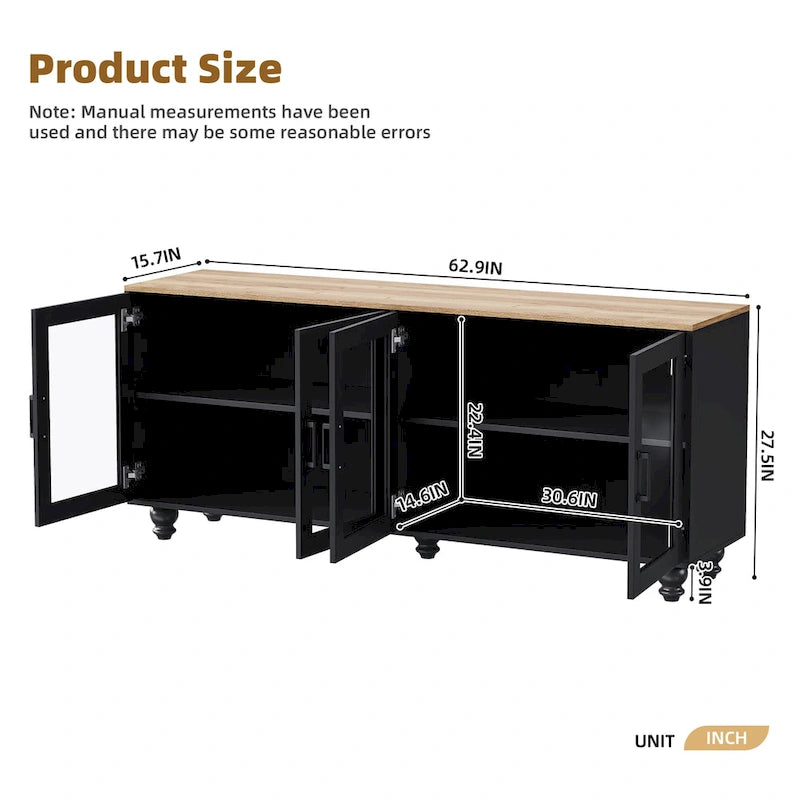 Meuble TV pour téléviseurs jusqu'à 70 pouces, buffet polyvalent, étagères réglables, portes en verre trempé, buffet avec 5 pieds en forme de calebasse