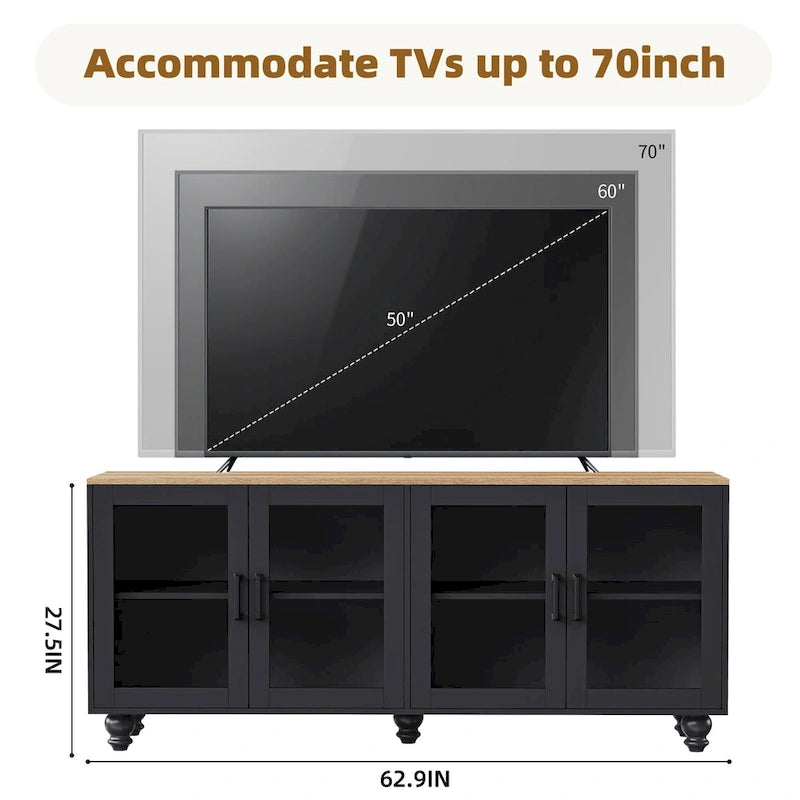 Meuble TV pour téléviseurs jusqu'à 70 pouces, buffet polyvalent, étagères réglables, portes en verre trempé, buffet avec 5 pieds en forme de calebasse