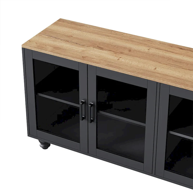 Meuble TV pour téléviseurs jusqu'à 70 pouces, buffet polyvalent, étagères réglables, portes en verre trempé, buffet avec 5 pieds en forme de calebasse