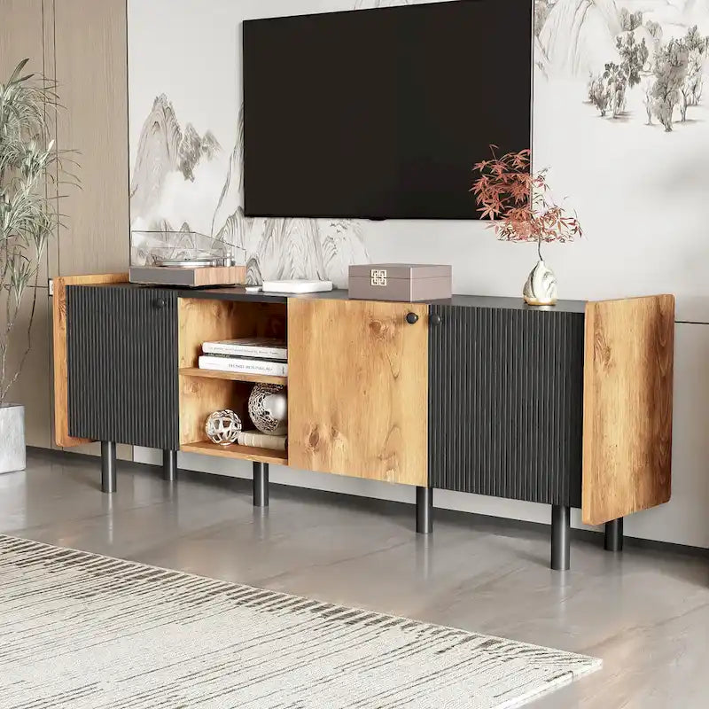 Meuble TV Mid-century avec 3 placards, table console média pour TV jusqu'à 70", centre de divertissement avec rangement