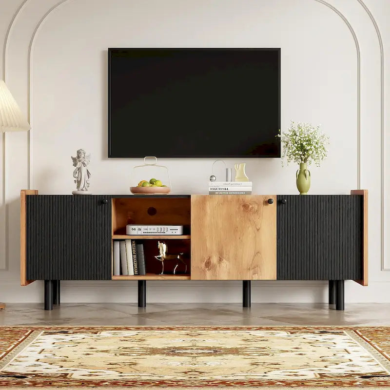 Meuble TV Mid-century avec 3 placards, table console média pour TV jusqu'à 70", centre de divertissement avec rangement