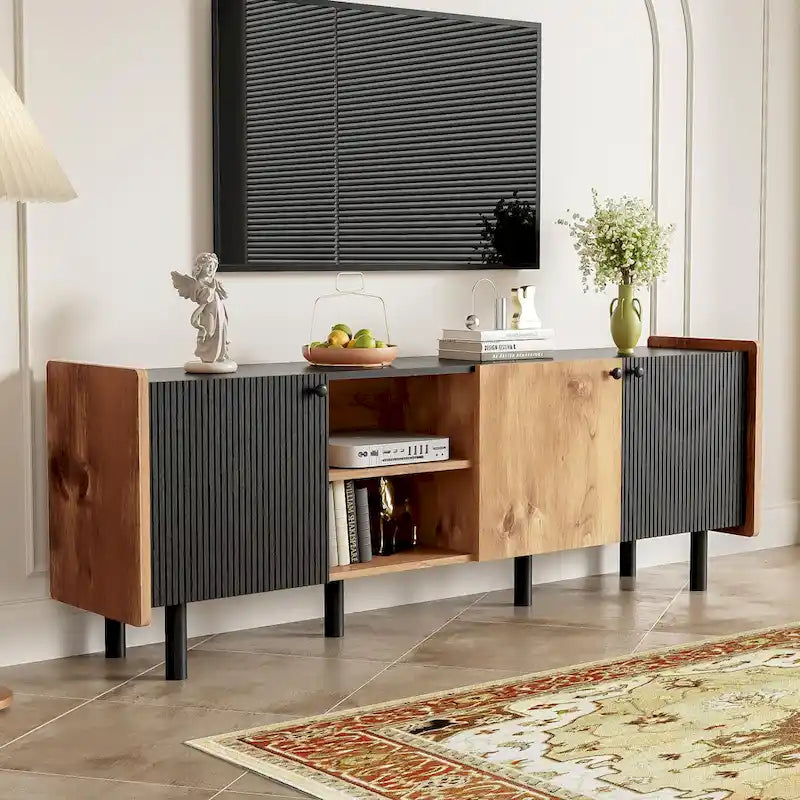 Meuble TV Mid-century avec 3 placards, table console média pour TV jusqu'à 70", centre de divertissement avec rangement
