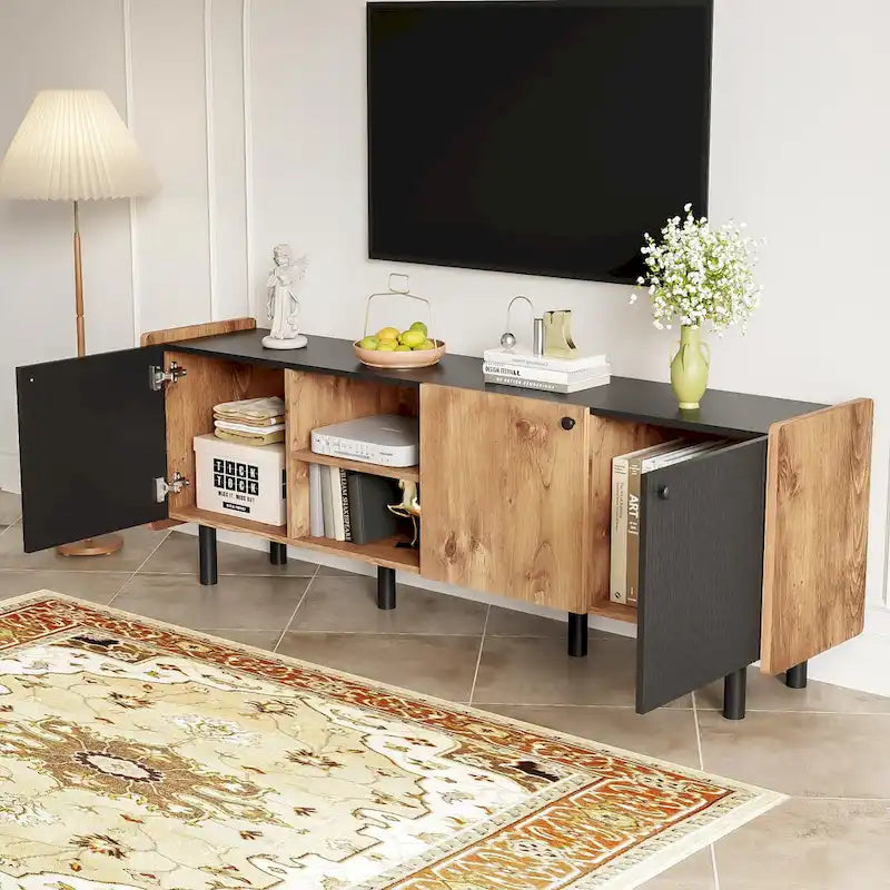 Meuble TV Mid-century avec 3 placards, table console média pour TV jusqu'à 70", centre de divertissement avec rangement
