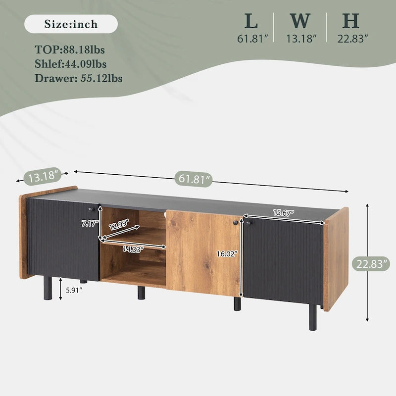Meuble TV Mid-century avec 3 placards, table console média pour TV jusqu'à 70", centre de divertissement avec rangement
