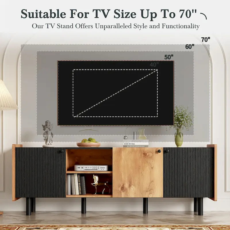 Meuble TV Mid-century avec 3 placards, table console média pour TV jusqu'à 70", centre de divertissement avec rangement
