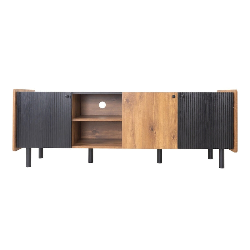 Meuble TV Mid-century avec 3 placards, table console média pour TV jusqu'à 70", centre de divertissement avec rangement