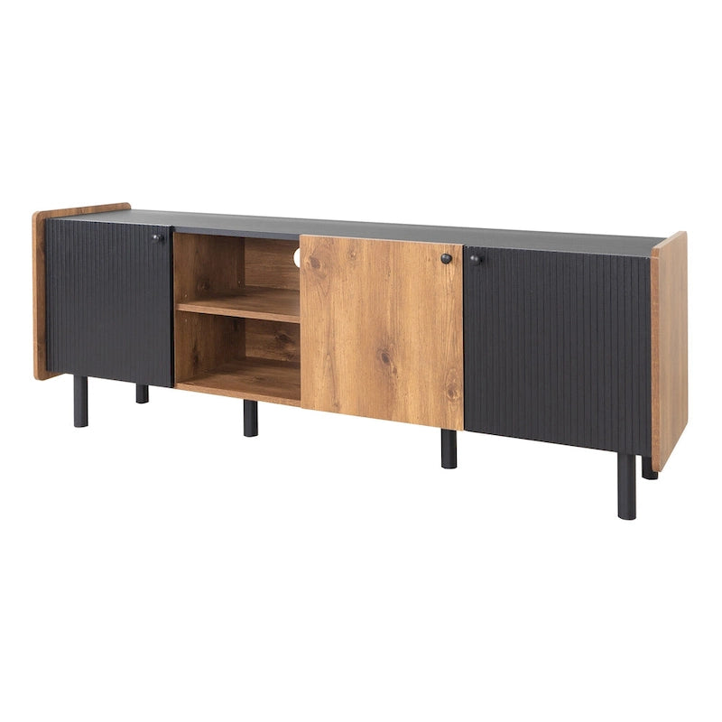 Meuble TV Mid-century avec 3 placards, table console média pour TV jusqu'à 70", centre de divertissement avec rangement