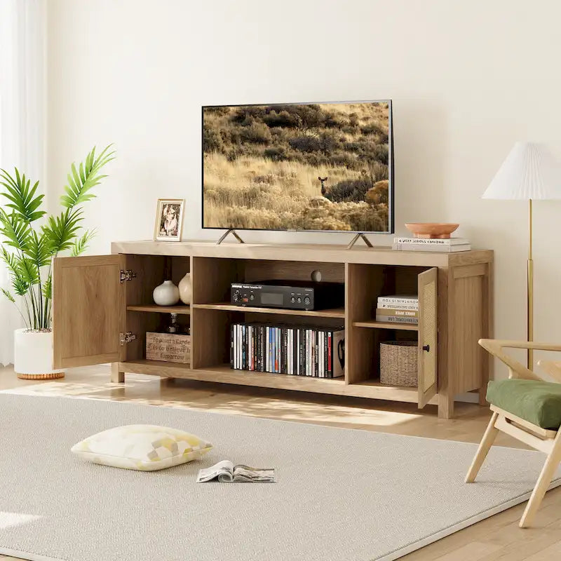 Meuble TV en rotin pour téléviseur de 75 pouces, meuble de divertissement bohème avec rangement et portes