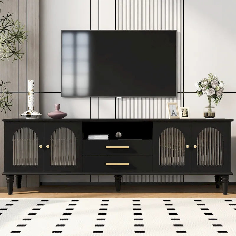 Meuble TV rétro 68.9" pour téléviseurs jusqu'à 75 pouces, Console multimédia de centre de divertissement avec portes en verre cannelé de style arqué, 2 tiroirs
