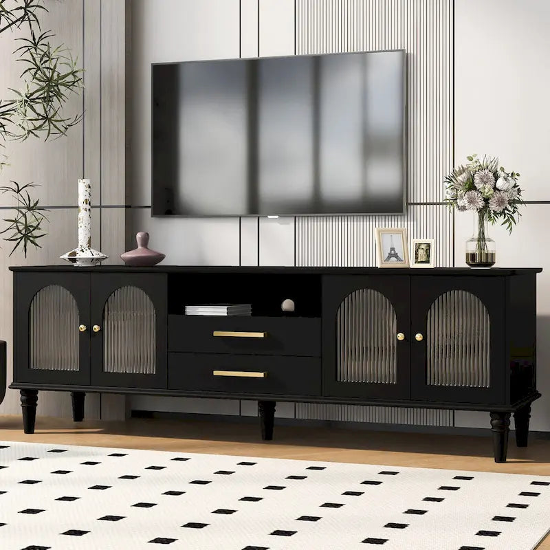 Meuble TV rétro 68.9" pour téléviseurs jusqu'à 75 pouces, Console multimédia de centre de divertissement avec portes en verre cannelé de style arqué, 2 tiroirs