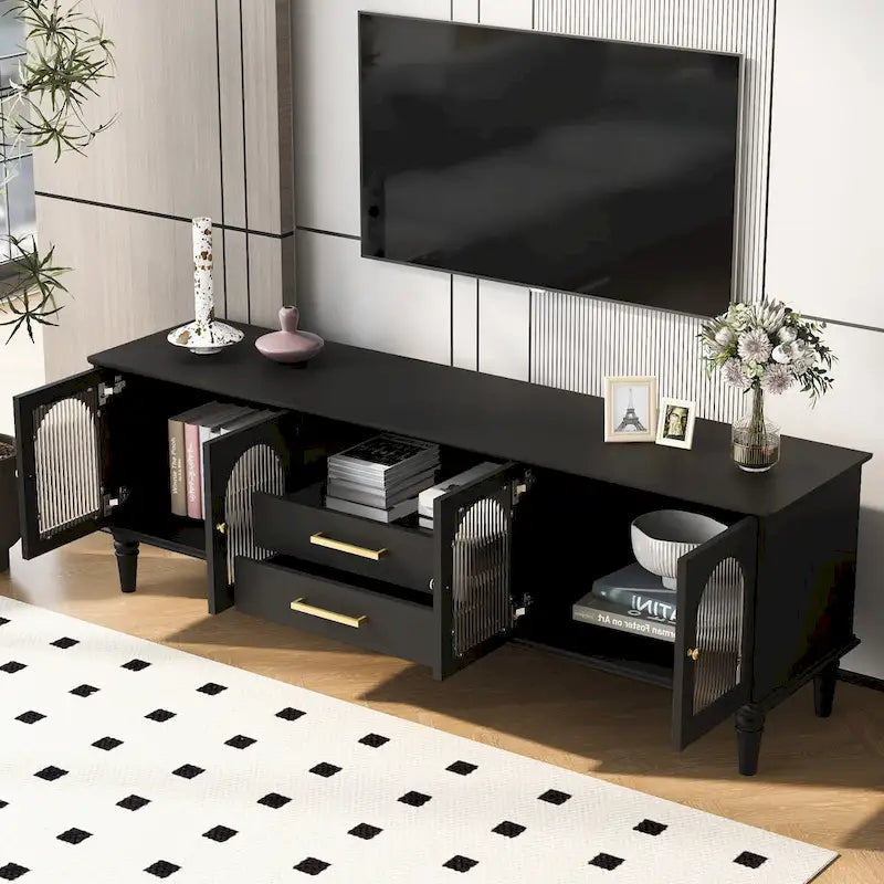 Meuble TV rétro 68.9" pour téléviseurs jusqu'à 75 pouces, Console multimédia de centre de divertissement avec portes en verre cannelé de style arqué, 2 tiroirs
