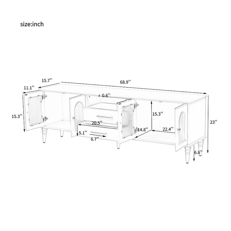 Meuble TV rétro 68.9" pour téléviseurs jusqu'à 75 pouces, Console multimédia de centre de divertissement avec portes en verre cannelé de style arqué, 2 tiroirs