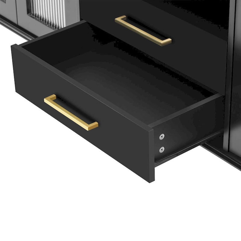 Meuble TV rétro 68.9" pour téléviseurs jusqu'à 75 pouces, Console multimédia de centre de divertissement avec portes en verre cannelé de style arqué, 2 tiroirs