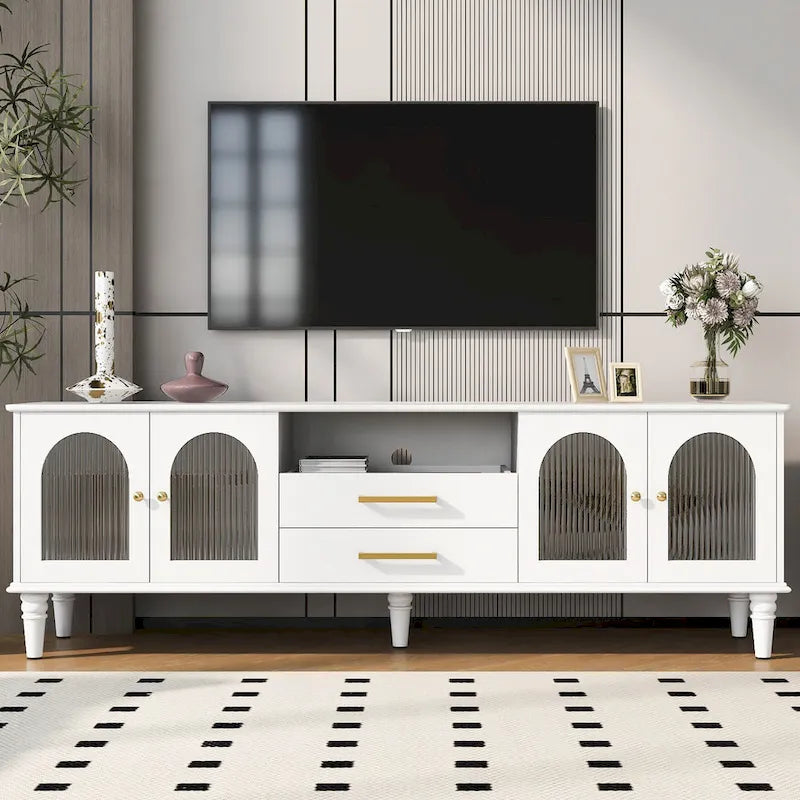 Meuble TV rétro 68.9" pour téléviseurs jusqu'à 75 pouces, Console multimédia de centre de divertissement avec portes en verre cannelé de style arqué, 2 tiroirs