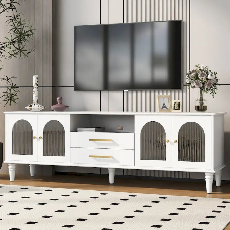 Meuble TV rétro 68.9" pour téléviseurs jusqu'à 75 pouces, Console multimédia de centre de divertissement avec portes en verre cannelé de style arqué, 2 tiroirs