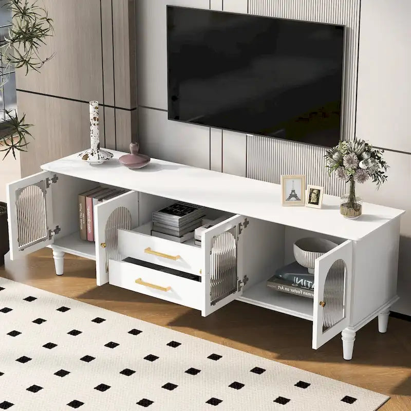 Meuble TV rétro 68.9" pour téléviseurs jusqu'à 75 pouces, Console multimédia de centre de divertissement avec portes en verre cannelé de style arqué, 2 tiroirs