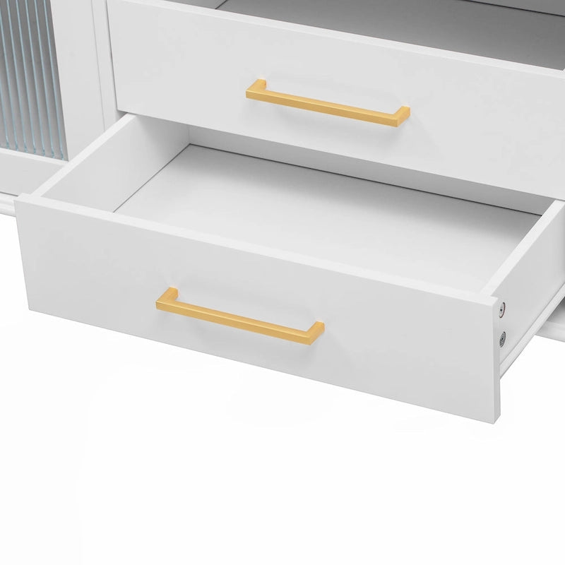 Meuble TV rétro 68.9" pour téléviseurs jusqu'à 75 pouces, Console multimédia de centre de divertissement avec portes en verre cannelé de style arqué, 2 tiroirs