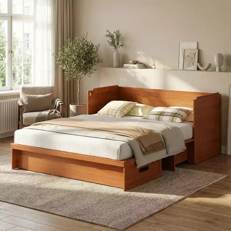 Mjkone Queen Size Convertible Murphy Cabinet Bed with USB Charging, Storage Drawers,No Mattress Included