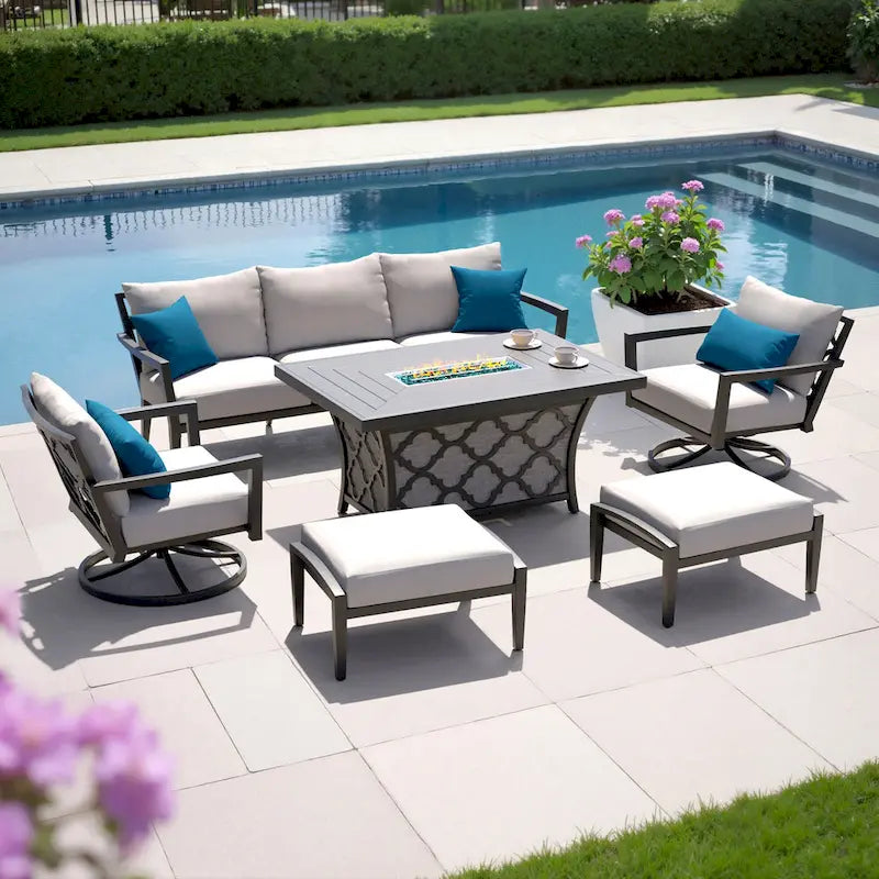 Ensemble de six meubles de patio Venetia avec foyer, fauteuils pivotants et coussins