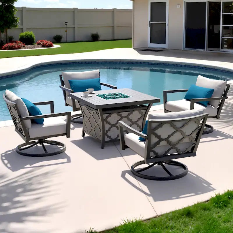 Ensemble de conversation d'extérieur Venetia 5 pièces Sunbrella avec brasero et fauteuils pivotants