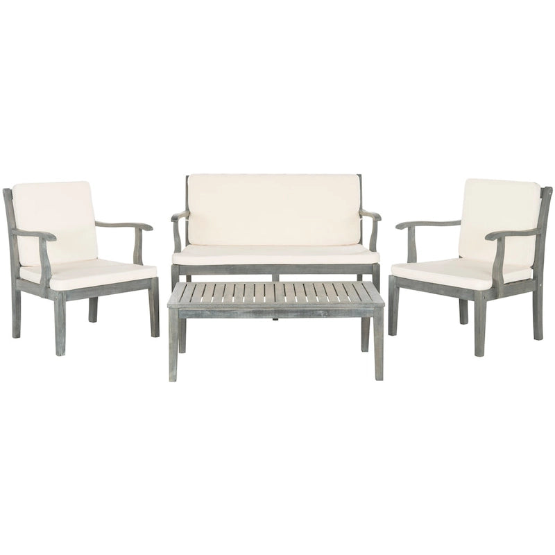 SAFAVIEH Outdoor Living Montclair Ensemble de patio 4 pièces en bois d'acacia gris cendré avec coussins beiges - 48L x 25P x 32H