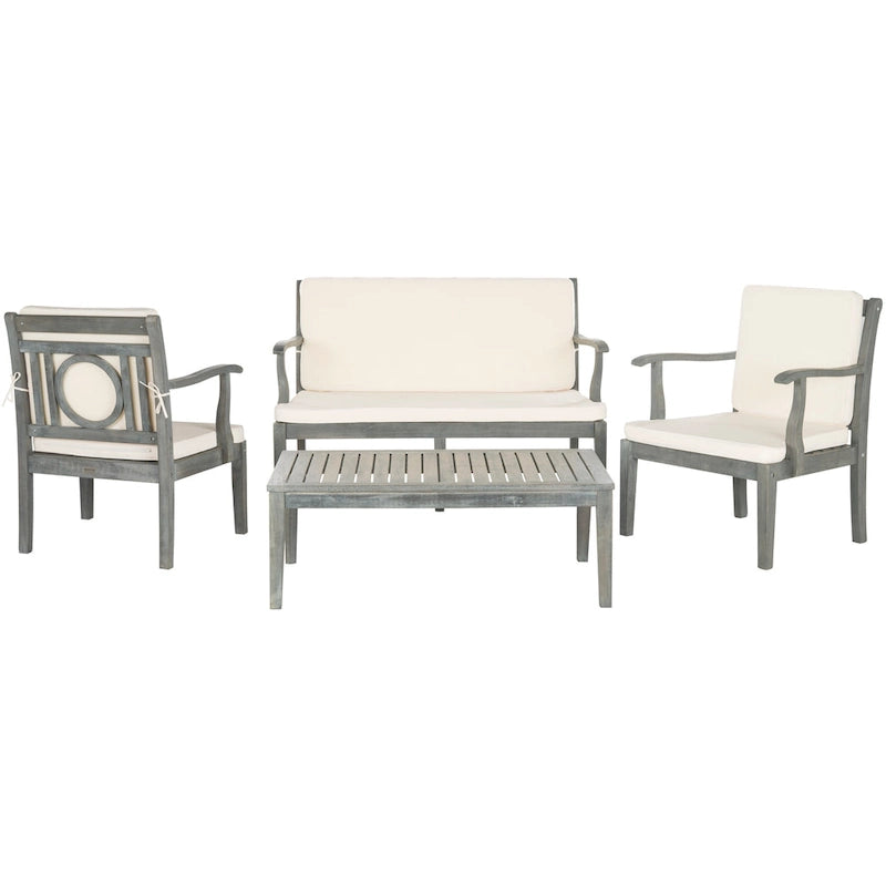 SAFAVIEH Outdoor Living Montclair Ensemble de patio 4 pièces en bois d'acacia gris cendré avec coussins beiges - 48L x 25P x 32H