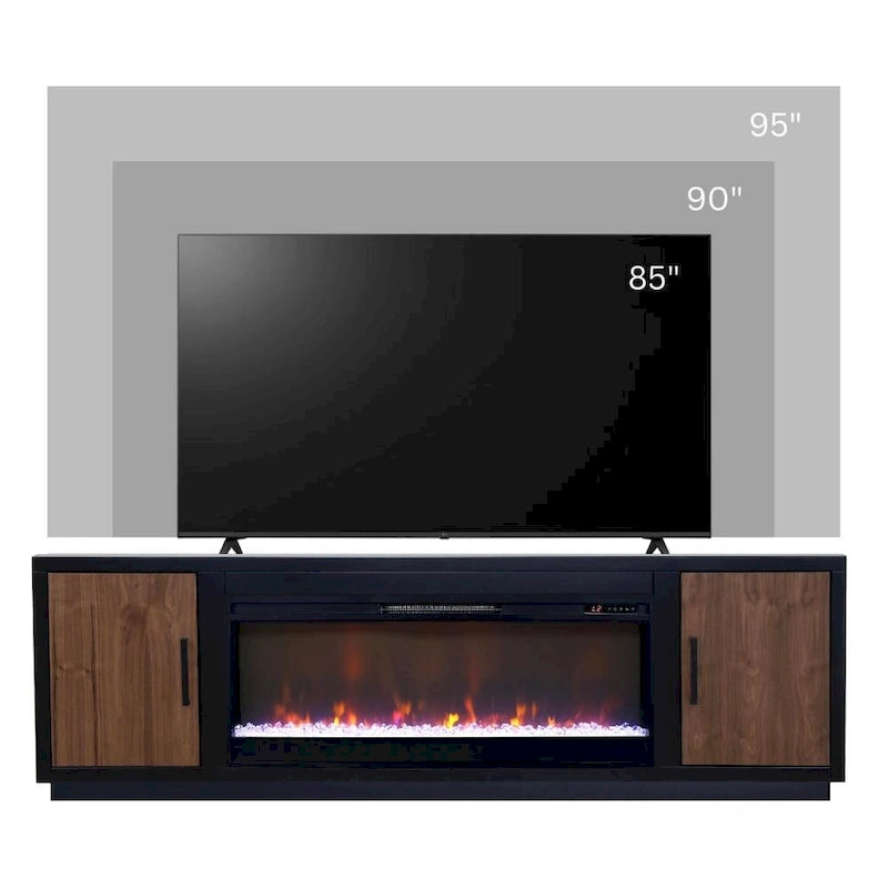 Meuble TV cheminée Bridgevine Home Aria de 83 pouces pour téléviseurs jusqu'à 95 pouces, assemblage minimal, finition noire et noyer